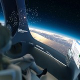 Design image of The Aurora Halo Space capsule, with a customer overlooking the Earth
