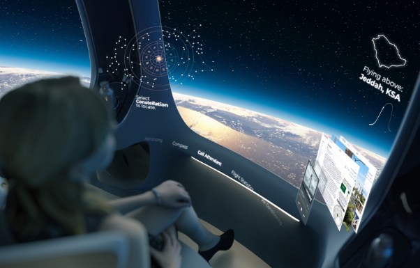 Design image of The Aurora Halo Space capsule, with a customer overlooking the Earth