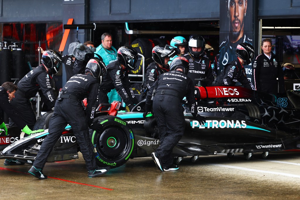 NORTHAMPTON, ENGLAND - JULY 07: George Russell of Great Britain and Mercedes retires from the race during the F1 Grand Prix of Great Britain at Silverstone Circuit on July 07, 2024 in Northampton, England. (Photo by Mark Thompson/Getty Images)