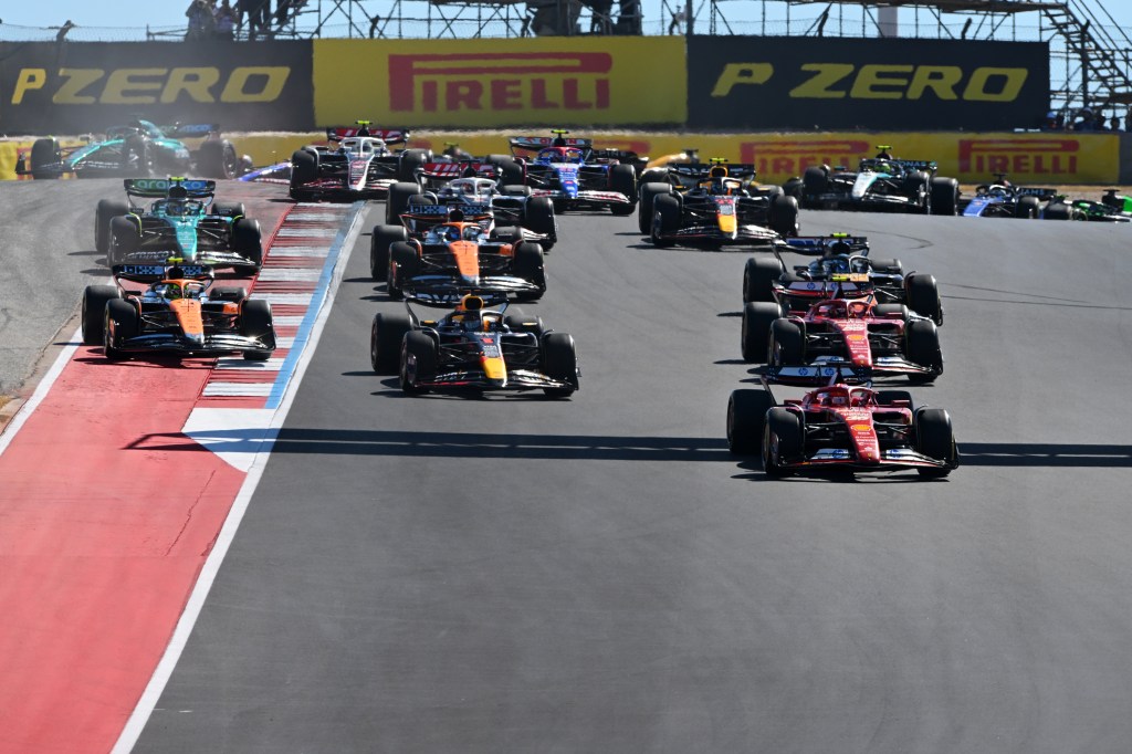 AUSTIN, TEXAS - OCTOBER 20: Charles Leclerc of Monaco driving the (16) Ferrari SF-24 leads Max Verstappen of the Netherlands driving the (1) Oracle Red Bull Racing RB20 on track during the F1 Grand Prix of United States at Circuit of The Americas on October 20, 2024 in Austin, Texas. (Photo by Rudy Carezzevoli/Getty Images)
