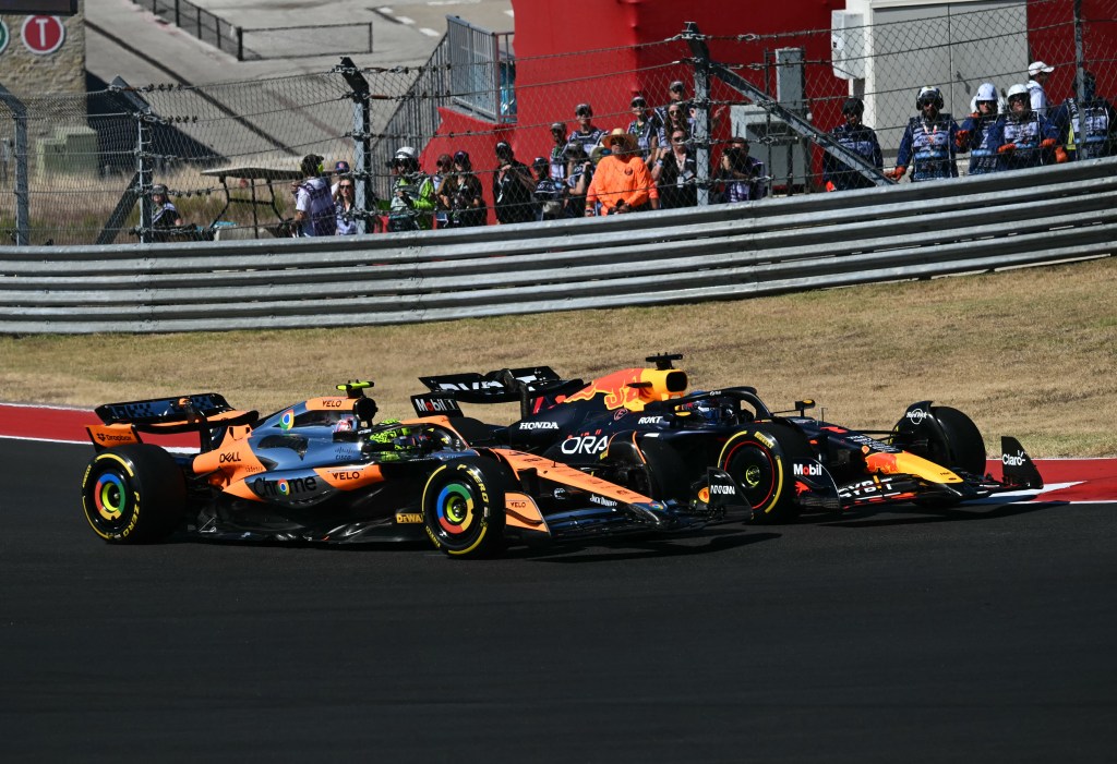 Red Bull Racing's Dutch driver Max Verstappen races ahead of McLaren's British driver Lando Norris during the United States Formula One Grand Prix at the Circuit of the Americas in Austin, Texas, on October 20, 2024. (Photo by ANGELA WEISS / AFP) (Photo by ANGELA WEISS/AFP via Getty Images)