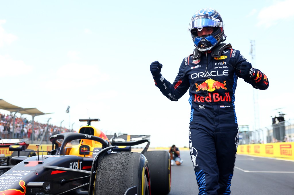 AUSTIN, TEXAS - OCTOBER 19: Sprint winner Max Verstappen of the Netherlands and Oracle Red Bull Racing celebrates in parc ferme during the Sprint ahead of the F1 Grand Prix of United States at Circuit of The Americas on October 19, 2024 in Austin, Texas. (Photo by Bryn Lennon - Formula 1/Formula 1 via Getty Images)
