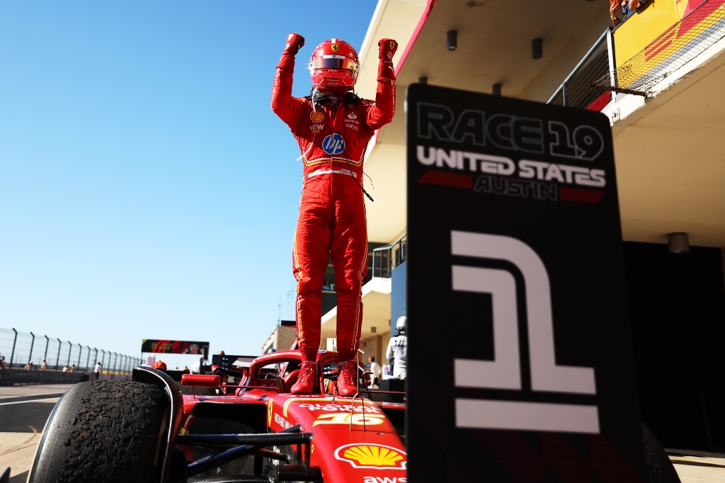 AUSTIN, TEXAS - OCTOBER 20: Race winner Charles Leclerc of Monaco and Ferrari celebrates in parc ferme during the F1 Grand Prix of United States at Circuit of The Americas on October 20, 2024 in Austin, Texas. (Photo by Bryn Lennon - Formula 1/Formula 1 via Getty Images)