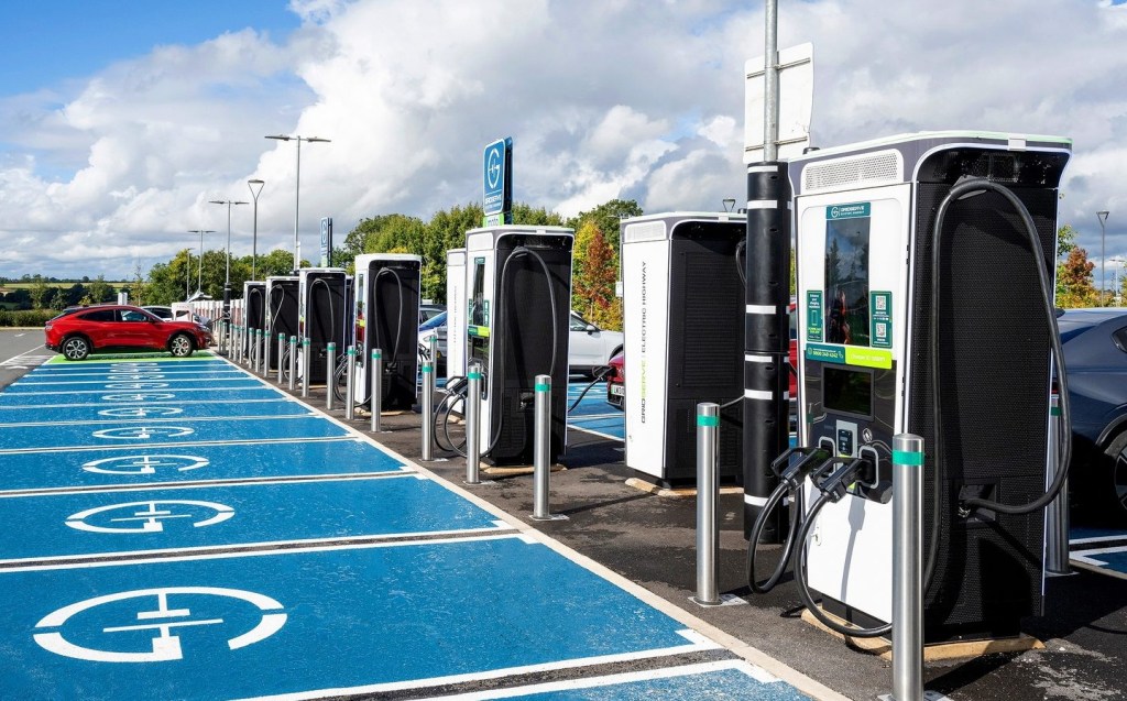 Bank of EV chargers at Moto Rugby