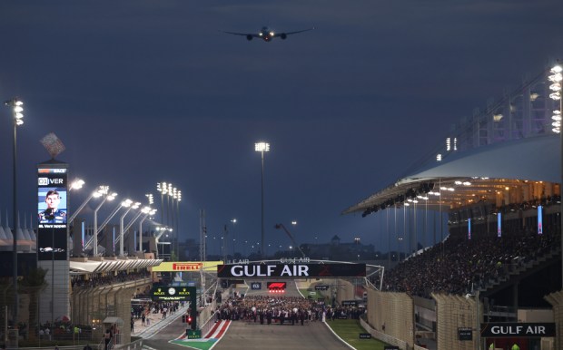 Gulf Air jet flies over F1 grid for the Bahrain GP 2024
